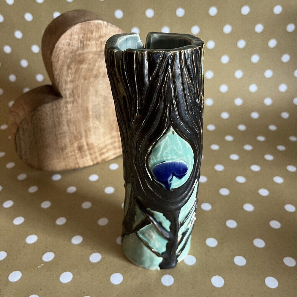 OOAK Studio Art Pottery Peacock Bud Vase Turquoise & Metallic Glazed Signed 7"